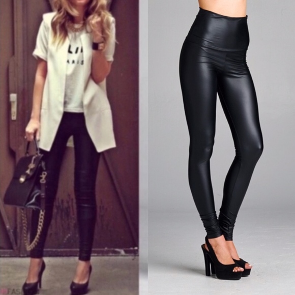 Black fitted matte vegan leather high waist Leggings - Picture 2 of 5